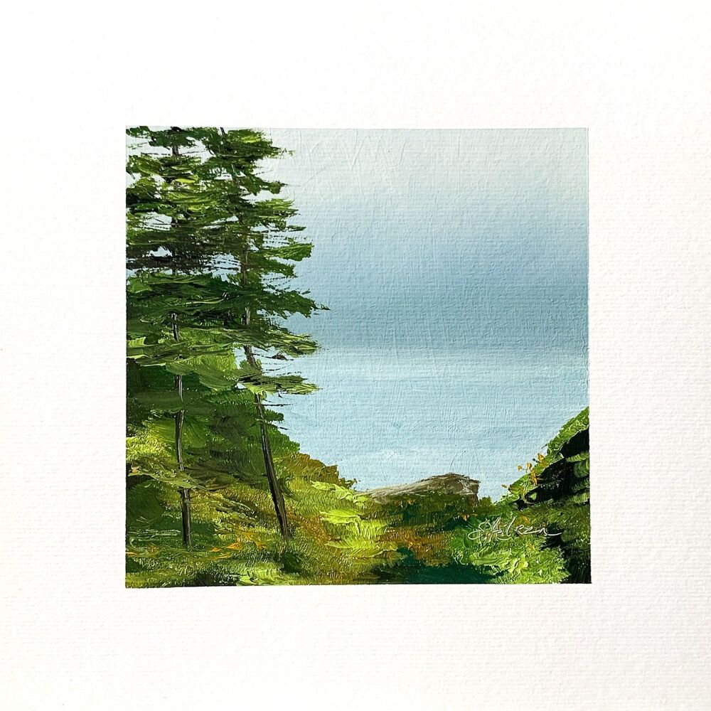 8x8 PNW Original Oil Painting Seascape Pine Tree Coastal Ecola State Park Signed